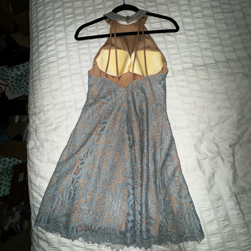 Dress the Population women’s small blue over nude halter high neck dress - Picture 10 of 12